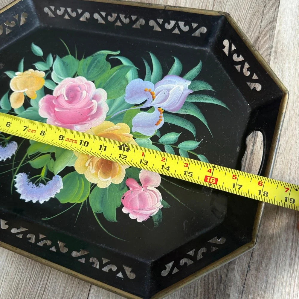 Vintage Toleware Hand Painted Floral Metal Serving Tray Black Gold Pierced Edge